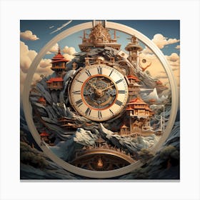 Clockface With Japanese Cliffside Scene Canvas Print