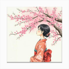 A Serene Japanese Woman In A Kimono, Standing By A Blooming Cherry Blossom Tree, Watercolor Canvas Print