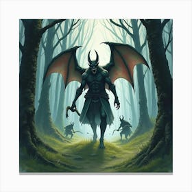 Demon Hunter Stalking Creatures In A Haunted Forest, Watercolor Tone 1 Canvas Print