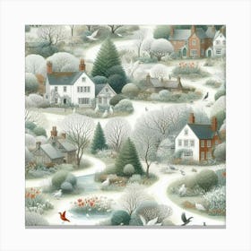 Winter Village And Evergreen Trees Canvas Print