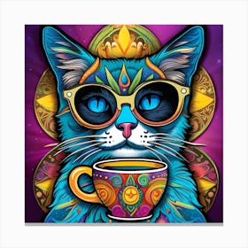Cat With A Cup Of Coffee Whimsical Psychedelic Bohemian Enlightenment Print 7 Canvas Print