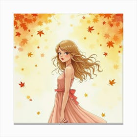 Taylor Swift In A Watercolor Autumn Scene, Leaves Gently Falling Around Her Canvas Print