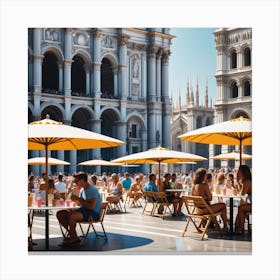 People Sitting At Tables In A Square Canvas Print