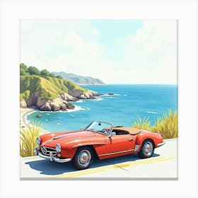 Elegant Roadster By A Beautiful Coastal Highway, Watercolor Painting 1 Canvas Print