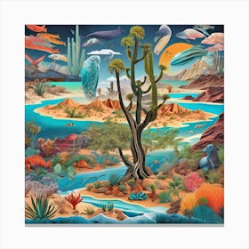 Cactus Desert, A Vibrant Collage Of Different Ecosystems Deserts Forests Oceans Seamlessly Blending Together 1 Canvas Print