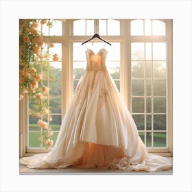Wedding Dress Hanging In Front Of Window Canvas Print