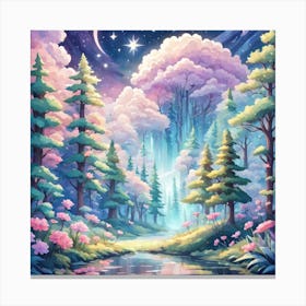 A Fantasy Forest With Twinkling Stars In Pastel Tone Square Composition 348 Canvas Print