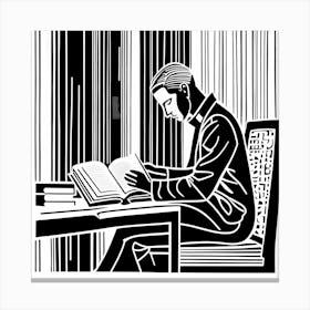 Reading A Book Linocut Black And White Painting, 320 Canvas Print