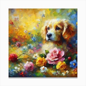 Golden Retriever In Flowers Canvas Print