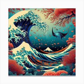 Dance of the Coral Kingdoms, Inspired by Hokusai's iconic Great Wave and Japanese woodblock prints 3 Canvas Print