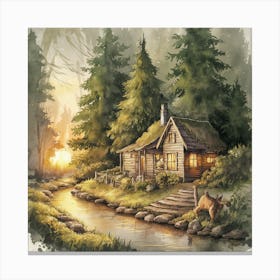 Enchanted Retreat A Serene Watercolor Of A Rustic Cabin In A Verdant Forest (2) Canvas Print