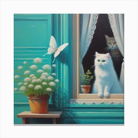 White Cat And Butterfly Canvas Print