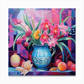 Art Deco still life painting of a vase filled with exotic flowers in vibrant shades of pink, purple, and blue Canvas Print