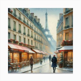 Paris cafes, winter season, Christmas, pale colors, pedestrians in the street, winter clothes, falling snow.16 Canvas Print