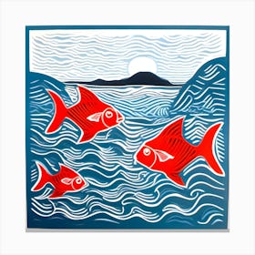 Linocut Red Fish In The Sea Canvas Print