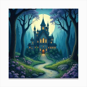 Fairy Queen’S Palace In A Moonlit Forest, Watercolor 1 Canvas Print