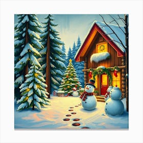 Christmas Scene With Snowmen Canvas Print