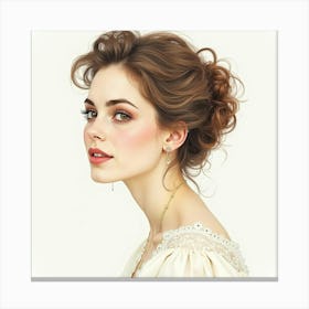 Portrait Of A Beautiful French Woman In Watercolor, Delicate And Ethereal Details 1 Canvas Print