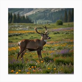 A Tranquil Alpine Meadow Filled With Colorful Wildflowers And Grazing Deer 2 Canvas Print