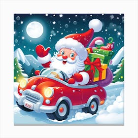 Santa Claus In A Car Full Of Christmas Gifts Illustration Canvas Print