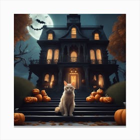 Halloween House With Cat And Pumpkins Canvas Print