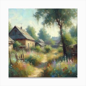 Eastern Europe (Slavic) Village In The Woods, Acrylic Painting Style Canvas Print