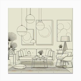 Minimalist Line Art Of Mid Century Furniture Pieces Arranged In A Stylish Living Room Setting, Style Line Drawing 2 Canvas Print