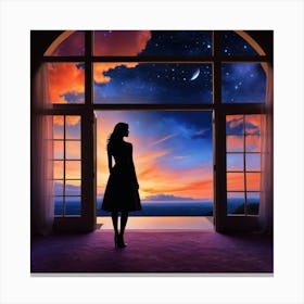 Woman Looking Out Of An Open Window Canvas Print