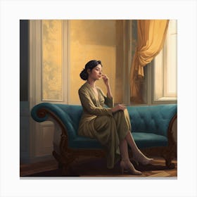 Woman Sitting On A Blue Couch Canvas Print