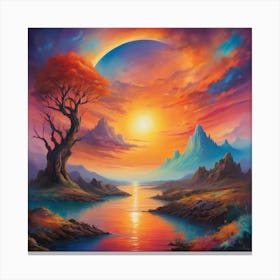 Sunset Over The Lake Paintings Art Print Canvas Print