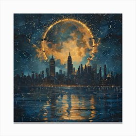 Full Moon Over New York City, Tiny Dots, Pointillism Canvas Print