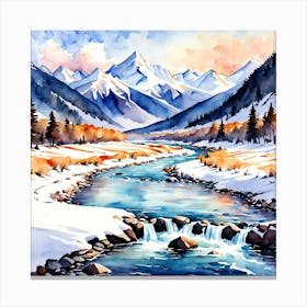 A Serene Watercolor Of A Snowy Mountain Range And A Flowing River 154038090 (1) Canvas Print