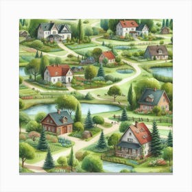 Village And Lakes In The Countryside Canvas Print