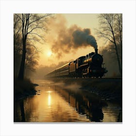 Vintage Locomotive Crossing A Serene River At Dawn 1 Canvas Print