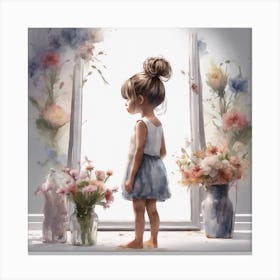 Little Girl Looking At Flowers Canvas Print