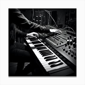 Black And White Image Of A Man Playing A Keyboard Canvas Print