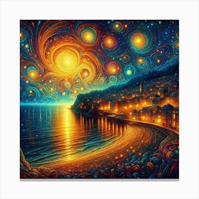 Coastal town on the shore in a starry night, psychedelic painting art Canvas Print