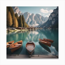 Beautiful Lake With Boats In The Italian Alps Lago Di Braies 0 Canvas Print