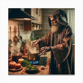 Wizard cooking a meal in a cozy modern kitchen Canvas Print