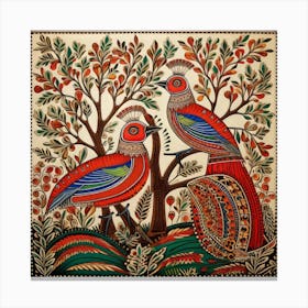 Peacocks In The Forest Madhubani Painting Indian Traditional Style Canvas Print