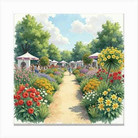 An English Flower Show With Vibrant Displays And Enthusiastic Visitors, Watercolor 1 Canvas Print