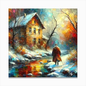 Oil Texture Abstract European Cottage And Stream Canvas Print