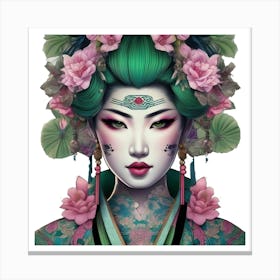 Geisha Woman Green Leinwandbild