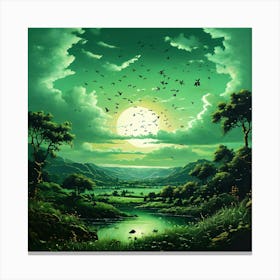 Green Landscape With Birds 1 Canvas Print