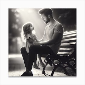Father And Daughter Sitting on Bench black and white photo  Canvas Print