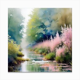 River With Pink Flowers Canvas Print