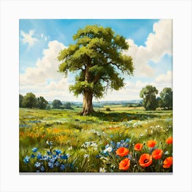 Mighty Oak In A Flower Meadow Canvas Print