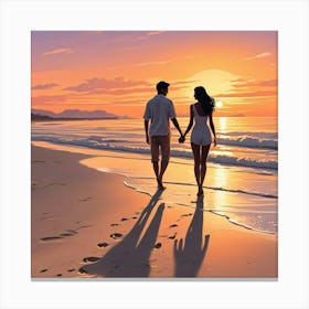 Ocean Sunset Beach With Couple Art Print (6) Canvas Print