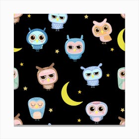 Cute Owl Doodles With Moon Star Seamless Pattern Canvas Print