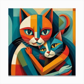 mum cat geometric features hugging a stylized kitten cat, depicted in bold shapes and fragmented colors, cubist art style Canvas Print